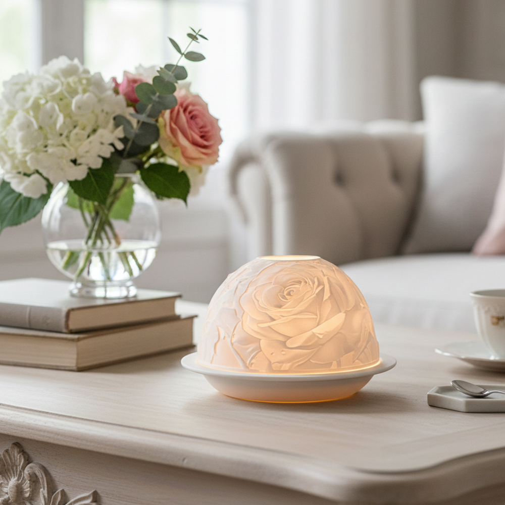 Candle Holder Decor - เชิงเทียนพอร์ซเลนลายกุหลาบสุดหรู ให้แสงอบอุ่น เหมาะสำหรับห้องนั่งเล่น ห้องนอน ตกแต่งงานแต่งงาน สร้างบรรยากาศโรแมนติก