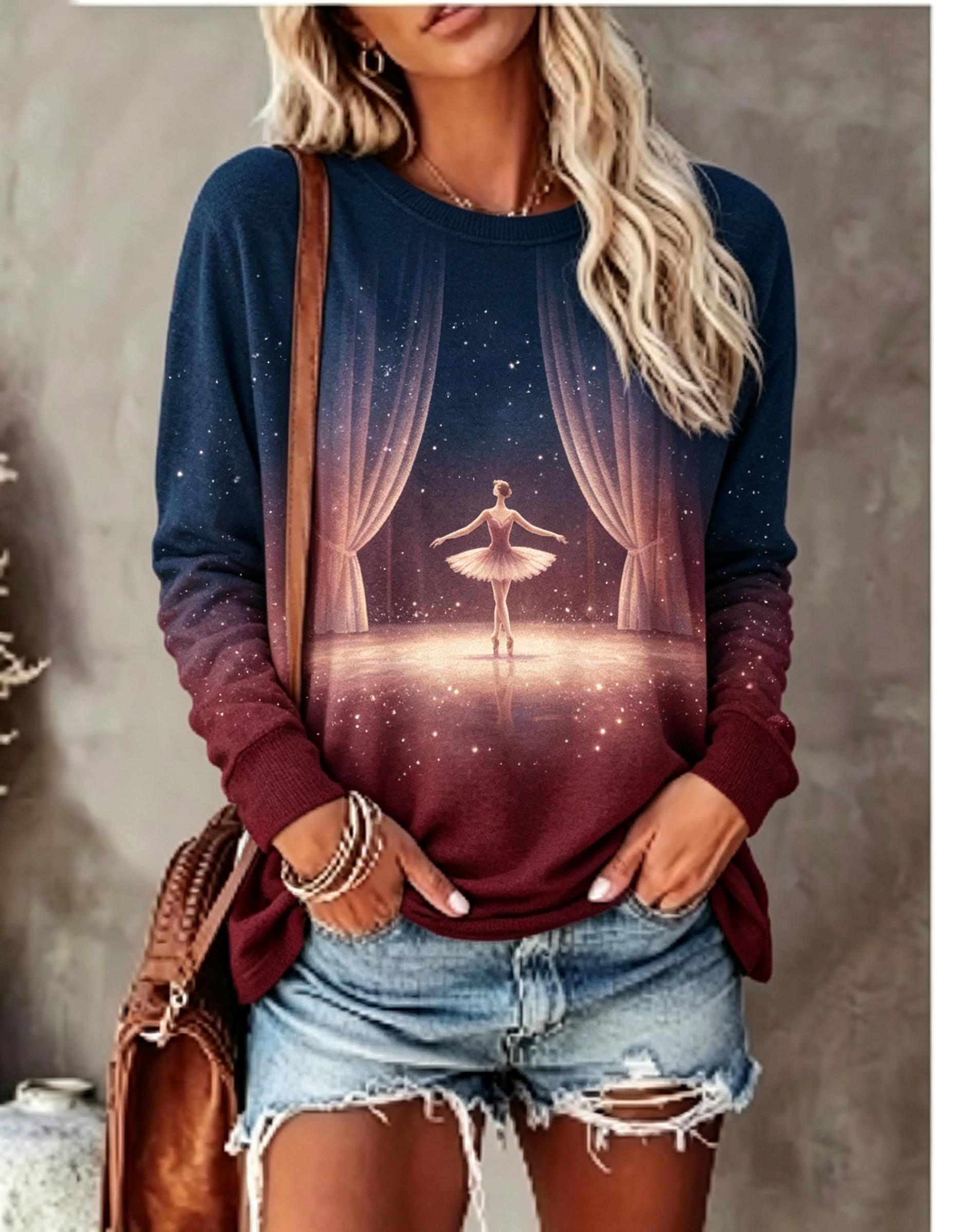 Curtain Curtain - เสื้อยืดแขนยาวผู้หญิง ลายพิมพ์นักบัลเลต์ ฉากม่าน ดวงดาว แสงระยิบระยับ คอวี